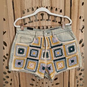 Blank NYC Vintage High-Rise Denim Crochet Granny Square Shorts